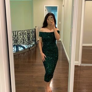Emerald Green Sequin off the shoulder Midi Dress